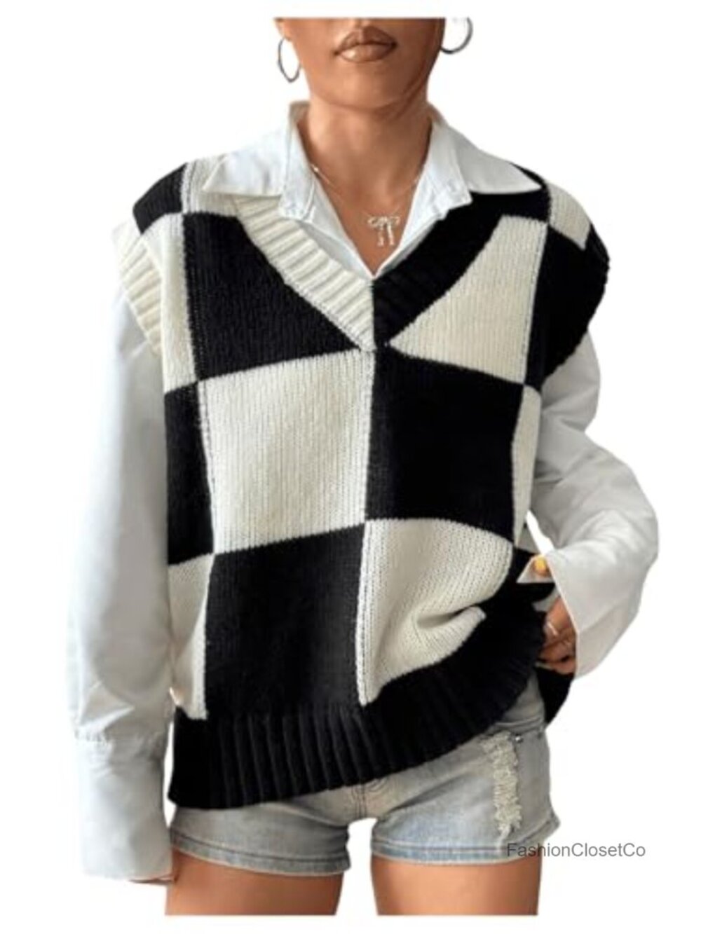 Checkered Knit Sweater Vest Cap Sleeve V-Neck Oversized Pullover